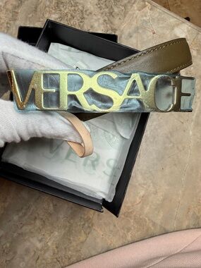 Versace Olive Green Leather Belt with Gold Logo Buckle